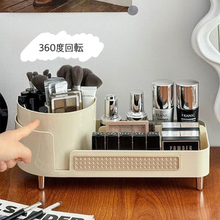 degree rotating brush stand with woven-style cosmetic storage tray