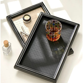 Intrecciato Rectangular Wood Frame Leather Tray