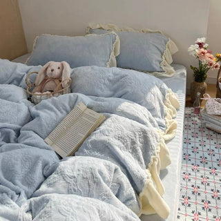 Blue Ribbon Bouquet Pattern Milk Velvet Winter Thick Duvet Cover Set