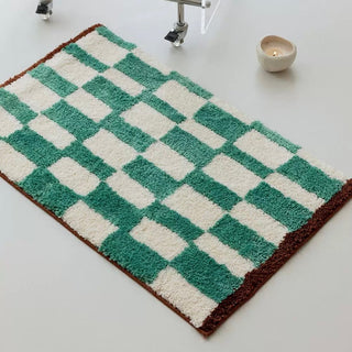 Blue Green Checkerboard Pattern Door Mat 50x80cm Absorbent Non-Slip Tufted