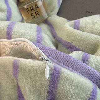 Purple Stripe Piping Thick Milk Fleece Winter Duvet Cover Set