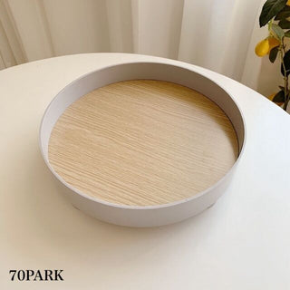 Wood grain print round accessory trayin  small item holder.