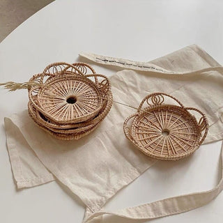 Flower motif rattan coaster set of 2