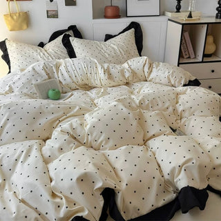 Polka Dot Pattern Black Frill Monotone Duvet Cover Set  All Season