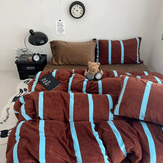 Brown Blue Wide Stripe Winter Duvet Cover Set