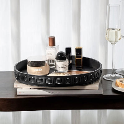 Braided Geometric Pattern Leather Round Tray  Storage