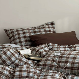 Brown Sheets Checkered Pattern Cotton Duvet Cover Set  All Seasons