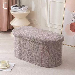 Folding Oval Boucle Storage Stool  Ottoman Bench Stool Storage Storage Box