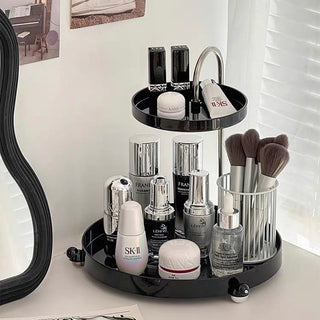 Top slide round two-tier trayin  for cosmetic storage.