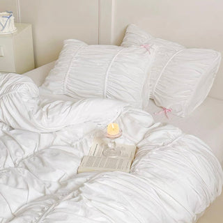 White Gathered Romantic Ribbon Duvet Cover Set  All Seasons