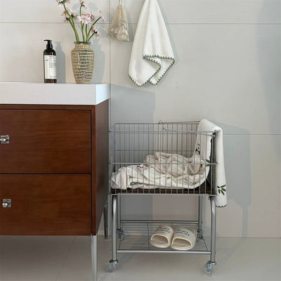 Silver Wood Laundry Basket Cart Wagon Storage