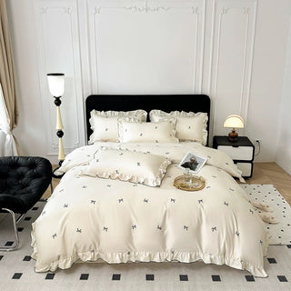 Cooling Ribbon Pattern Frill Ivory Duvet Cover Set Bed Cover Cool Touch