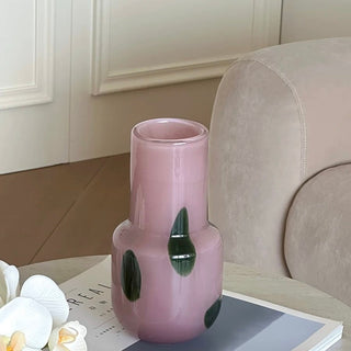 Green polka dot pink glass flower vase