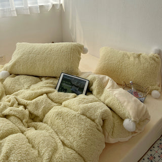 Yellow Pom-Pom Milk Velvet Winter Thick Duvet Cover Set
