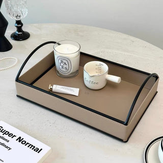 Iron Handle Leather Rectangular Tray  Storage