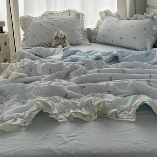 Summer comforter ribbon pattern lace washed cotton duvet cover set 2 sizes
