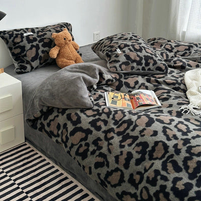 Gray Leopard Print Duvet Cover Set 2 Sizes  Winter Thick Bed Cover Bedding Cover Leopard Print