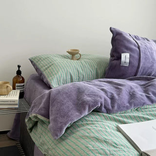 Green Purple Pin Stripe Cotton Fleece Winter Duvet Cover Set