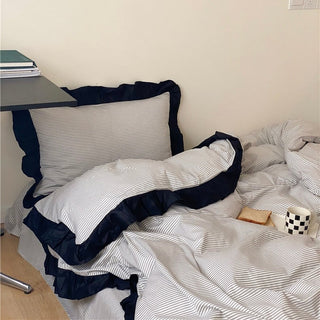 Gray Stripe Black Frill Cotton Duvet Cover Set  All Season