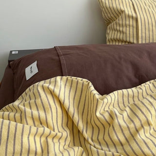 Yellow Brown Pin Stripe Cotton Duvet Cover Set 2 Sizes  All Seasons