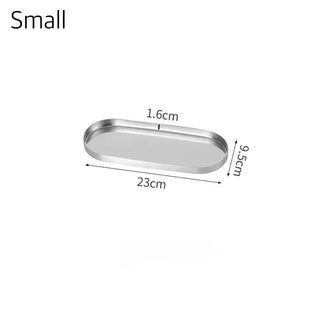 Stainless steel silver oval-shaped simple accessory trayin 3 sizes for storage.