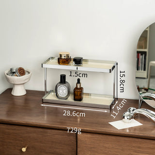 Silver Frame Rectangular Two-Tier Storage Display Rack   Includes Tray for Cosmetics and Perfume Storage