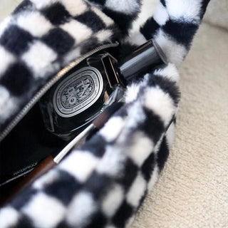 Checkerboard pattern faux fur pouch cosmetic storage bag