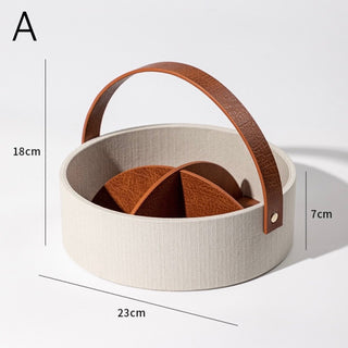 Leather Handle Round Divided Tray  Small Item Storage