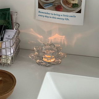 Lotus flower motif clear glass candle holder stand
