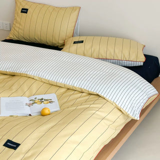 Yellow Double-Sided Stripe Cotton Duvet Cover Set   Bed Cover  All Seasons