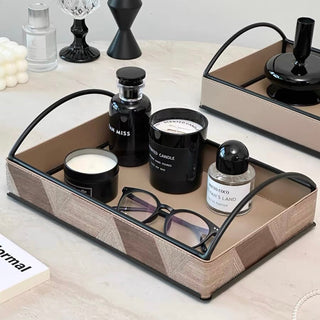Iron Handle Leather Rectangular Tray  Storage