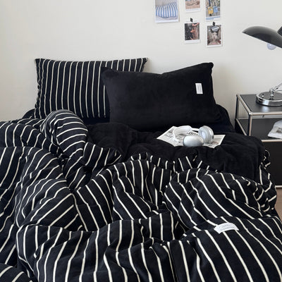 Dark Color Pinstripe Milk Velvet Winter Duvet Cover Set