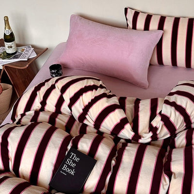 Pink Brown Wide Stripe Winter Duvet Cover Set
