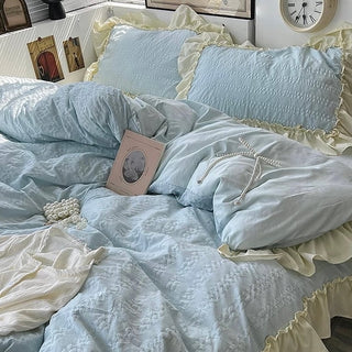 Frill Washed Cotton Duvet Cover Set  Blue Bed Cover