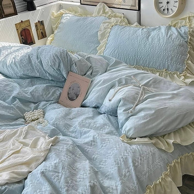 Frill Washed Cotton Duvet Cover Set  Blue Bed Cover