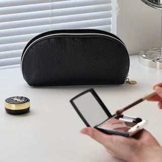 Simple Leather Half-Moon Shaped Cosmetic Storage Pouch  Silver Small