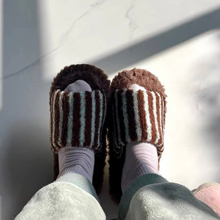 Striped Boa Fur Open Slippers   3 Sizes  Indoor Room Shoes