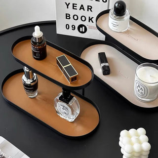 Iron Leather Oval Two-Tier Tray Storage Rack