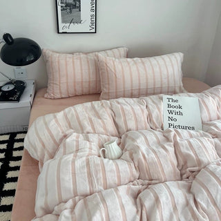 Pink Stripe Fluffy Flannel Duvet Cover Set