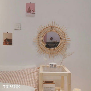 Flower & Sun Motif Rattan Mirror