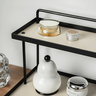 Top handle included. Iron and leather black frame storage tray two-tiered rack. Display rack.