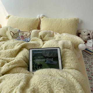 Yellow Pom-Pom Milk Velvet Winter Thick Duvet Cover Set