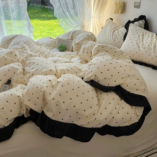 Polka Dot Pattern Black Frill Monotone Duvet Cover Set  All Season