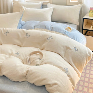 Ribbon embroidery two-tone milk velvet winter duvet cover set