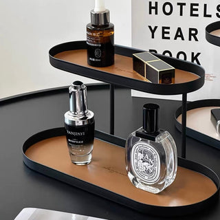 Iron Leather Oval Two-Tier Tray Storage Rack