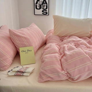 Pink Cream Double Stripe Winter Duvet Cover Set
