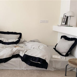Gray Stripe Black Frill Cotton Duvet Cover Set  All Season