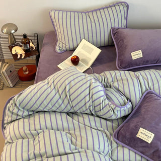 Purple Stripe Piping Thick Milk Fleece Winter Duvet Cover Set