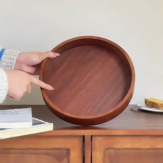 360 Degree Rotating Natural Wood Round Cosmetic Storage Tray