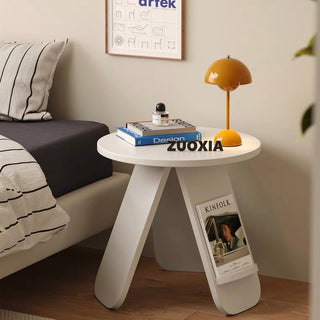 White Compact Round Side Table with Storage Magazine Rack and Coffee Table